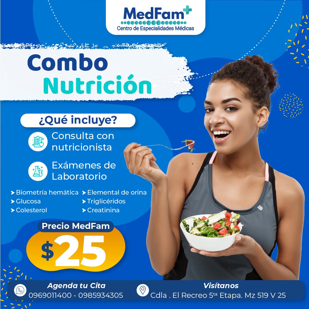 MedFam_ec's tweet photo. 🍎 ¿SABÍAS QUE UNA BUENA ALIMENTACIÓN ES LA BASE DE UNA VIDA SALUDABLE? 🍎

Con nuestro Combo Nutrición en #MedFam, por solo $25, recibirás una consulta con un especialista en Nutrición y exámenes de laboratorio para un diagnóstico preciso. 🩺
 
 #Nutrición #Salud #Bienestar https://t.co/42ghHXXZoN