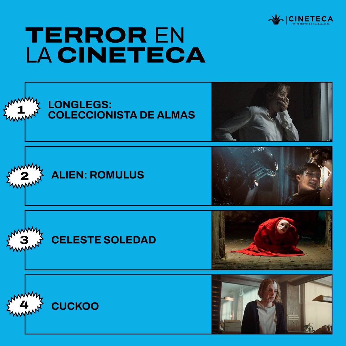 CinetecaFicg's tweet photo. ¿Te gusta el cine de terror? 😨 Estas son las películas que puedes ver #EnCartelera de la #CinetecaFICG:

📌 #Longlegs: Coleccionista de almas
📌 #Cuckoo
📌 #CelesteSoledad
📌 #Alien: Romulus

Consulta horarios 👉 https://t.co/xru1IUcyVH https://t.co/qvfm28uvR2