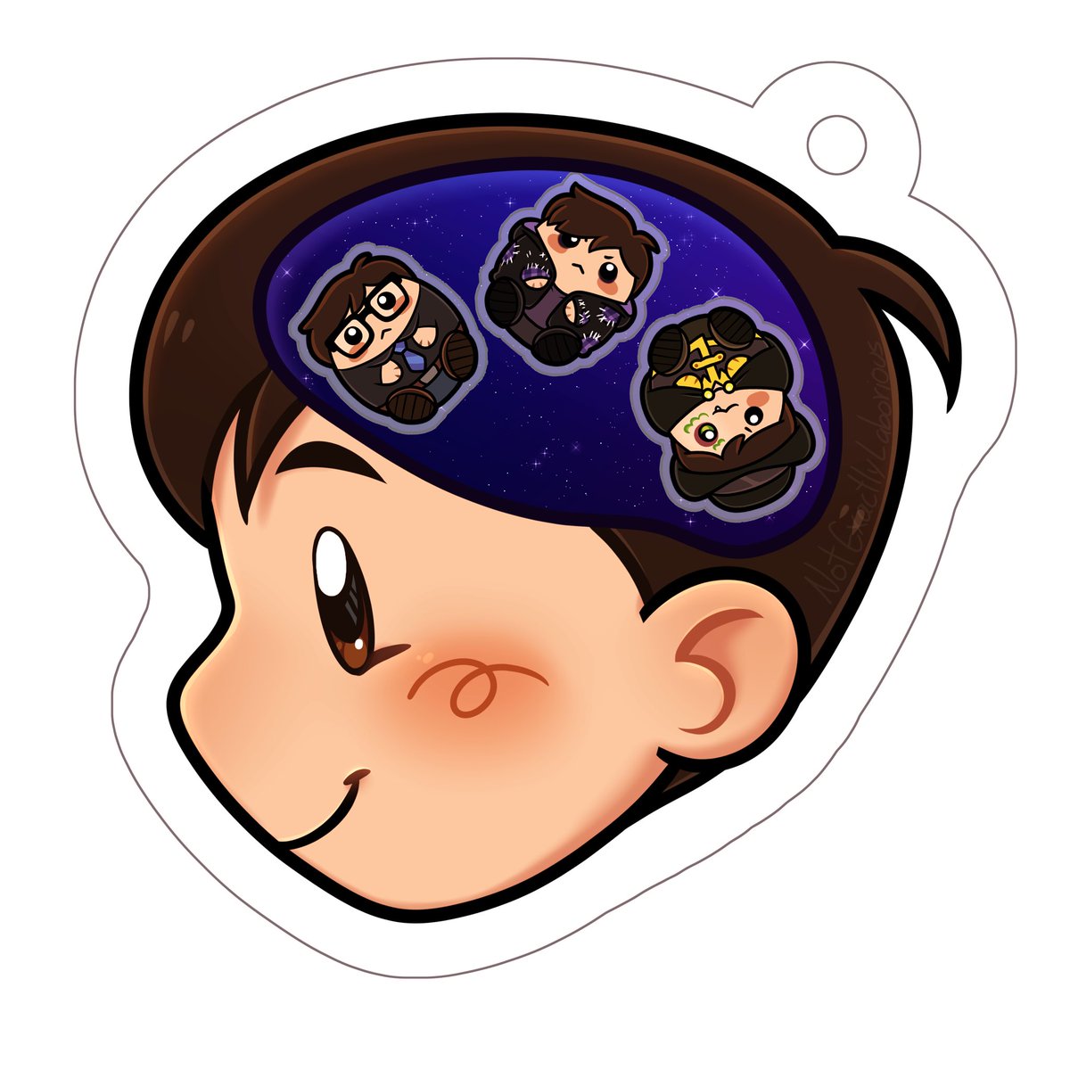 The shaker keychains are coming together! I commissioned Ian to draw up my idea, and we worked together to come up with a design :D here’s a mockup, it shows 3 sides but all 6 boys will be available. 

ISNT IT CUTE?
