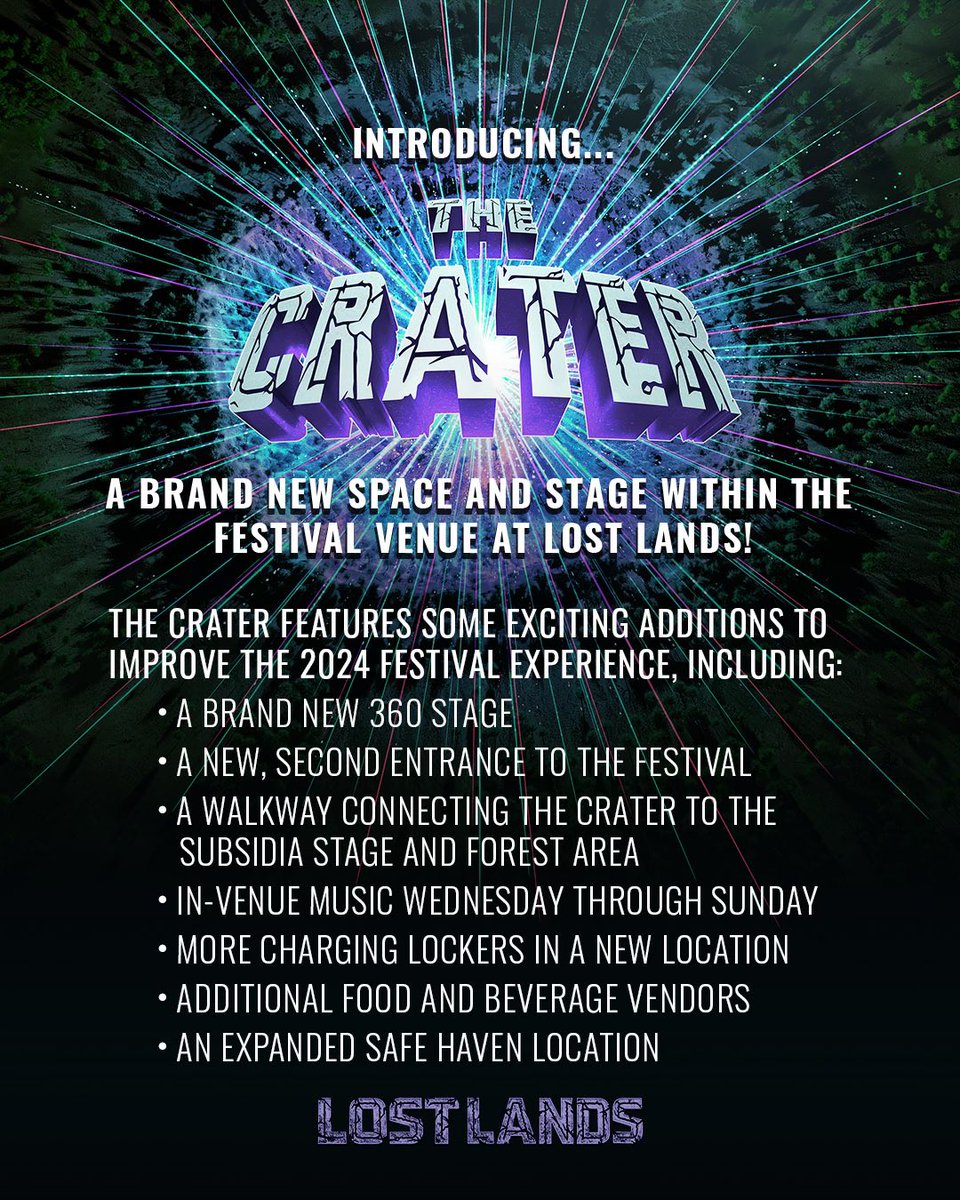 Something big is landing at Lost Lands! Introducing an all new area and 360 stage inside the festival.. The Crater ☄️