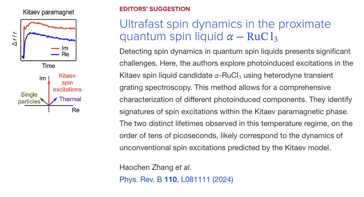 PhysRevB's tweet image. PRB Editors&apos; Suggestion: #Ultrafast #SpinDynamics in the proximate #QuantumSpinLiquid 𝛼⁢−#RuC⁢l3

Haochen Zhang, Subin Kim, Young-June Kim, Hae-Young Kee, and Luyi Yang
Phys. Rev. B 110, L081111

➡️ go.aps.org/3XeAVp4
#PRBLetter #EdSugg #physics #condmat @APSPhysics