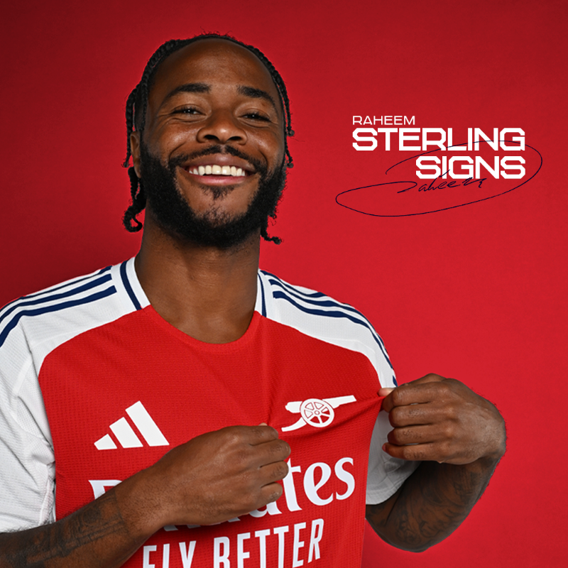 Arsenal's tweet photo. Raheem Sterling 🤝 The Arsenal