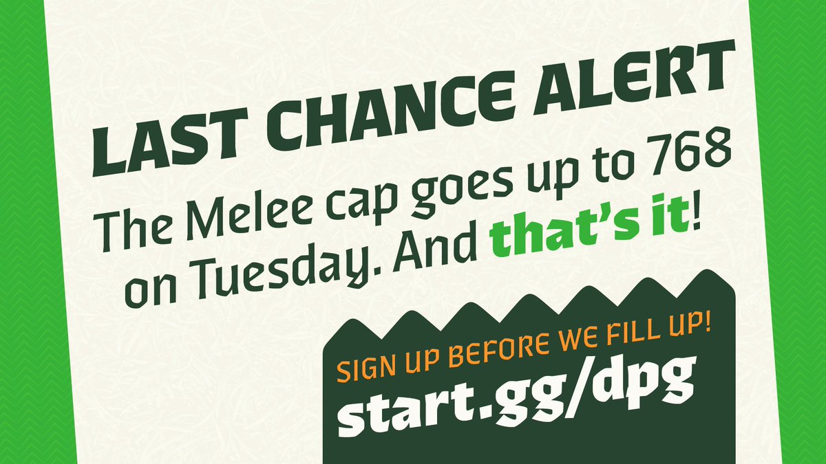 We're expanding the Melee Singles cap for Don't Park on the Grass *one last time*, to 768. 

To give folks a chance to plan for registering, the spots will open on Tuesday (9/3) at 3pm PDT. 

We expect these spots to go fast, so don't wait!