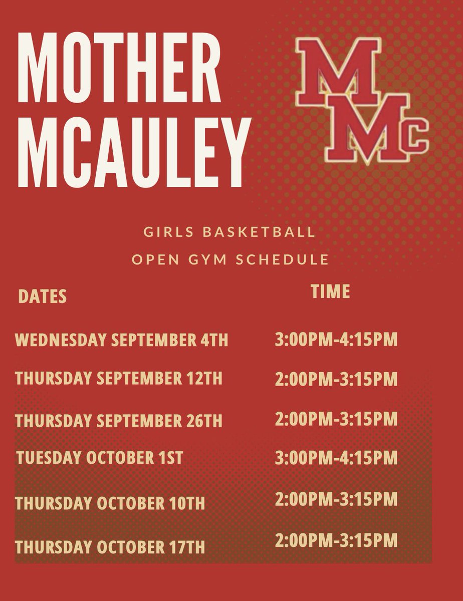 McAuleyBasketball (@mightymacbball) on Twitter photo ๐๐Open Gym Dates set for September and October! If you would like to attend send an email to Coach Lewis clewis@mothermcauley.org ๐๐Open Gym Dates set for September and October! If you would like to attend send an email to Coach Lewis clewis@mothermcauley.org