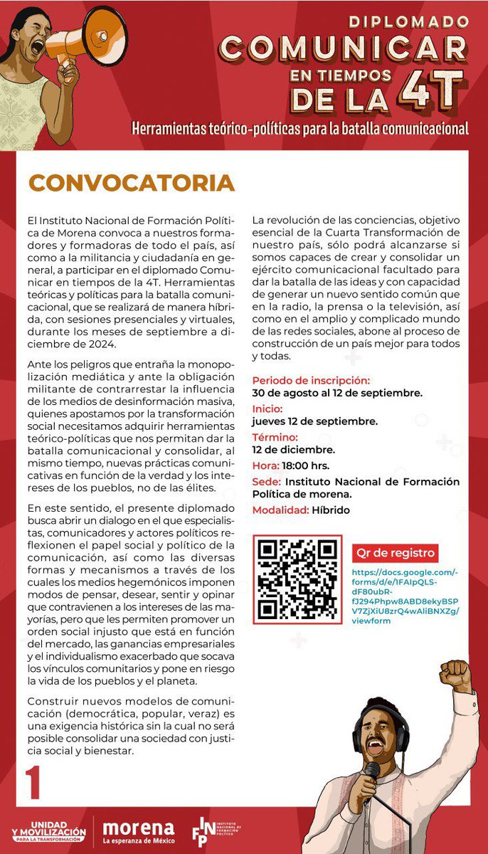 infpmorena's tweet photo. 🔴 Ante la desinformación y la mezquindad de los medios de comunicación tradicionales, es necesario articular un ejército comunicacional facultado para dar la batalla de las ideas y capaz de de generar un nuevo sentido común que abone a la construcción de un país mejor para todos y todas. 

Con ese objetivo, abrimos la convocatoria nacional al diplomado Comunicar en tiempos de la 4T, en donde especialistas, comunicadores y actores políticos de México y el extranjero, nos ofrecerán herramientas teóricas y políticas para la batalla comunicacional. 

Inscripción: https://t.co/Kidfcm5ZTs