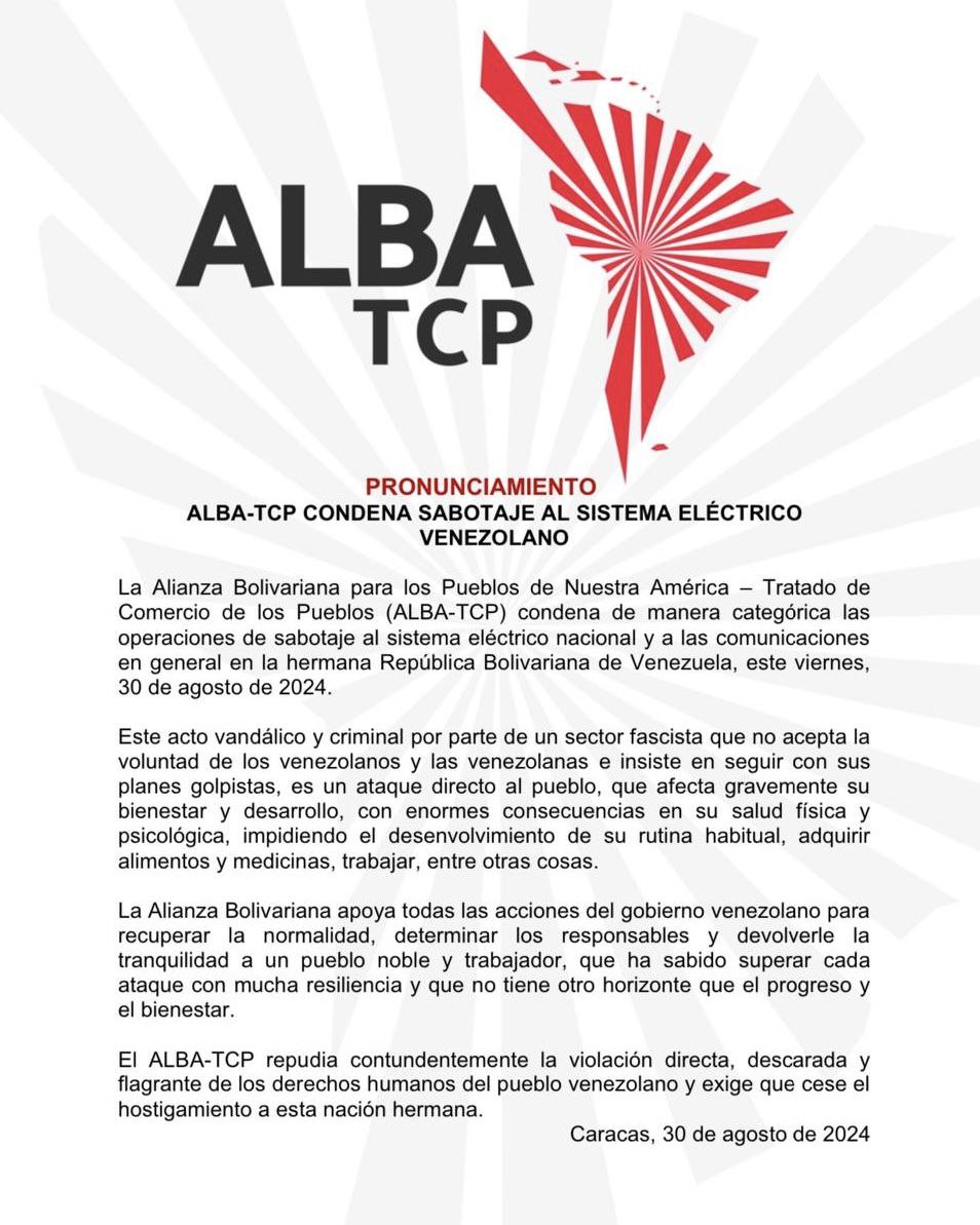 "El ataque contra el sistema eléctrico fue el más grande que se ha realizado contra el Guri. Estamos en pleno proceso de investigación para poder lograr la justicia en este caso", dijo.
  
Agradeció el pronunciamiento del ALBA-TCP condenando el sabotaje.