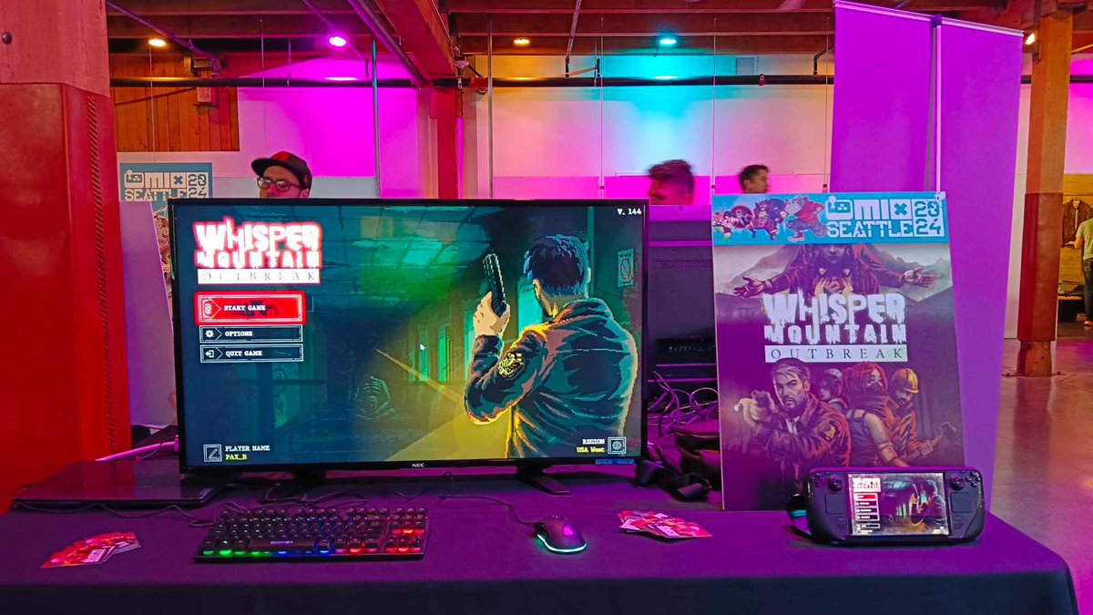 WMOgame's tweet photo. Whisper Mountain Outbreak is being showcased at @indieexchange Seattle! Thanks for the opportunity!

If you’re at the #PAXWest, don’t for get to check our game at The MIX Seattle! 

#survivalhorror #coop #zombie #horrorgame #indiegame #pixelart https://t.co/JZWgMG6coa