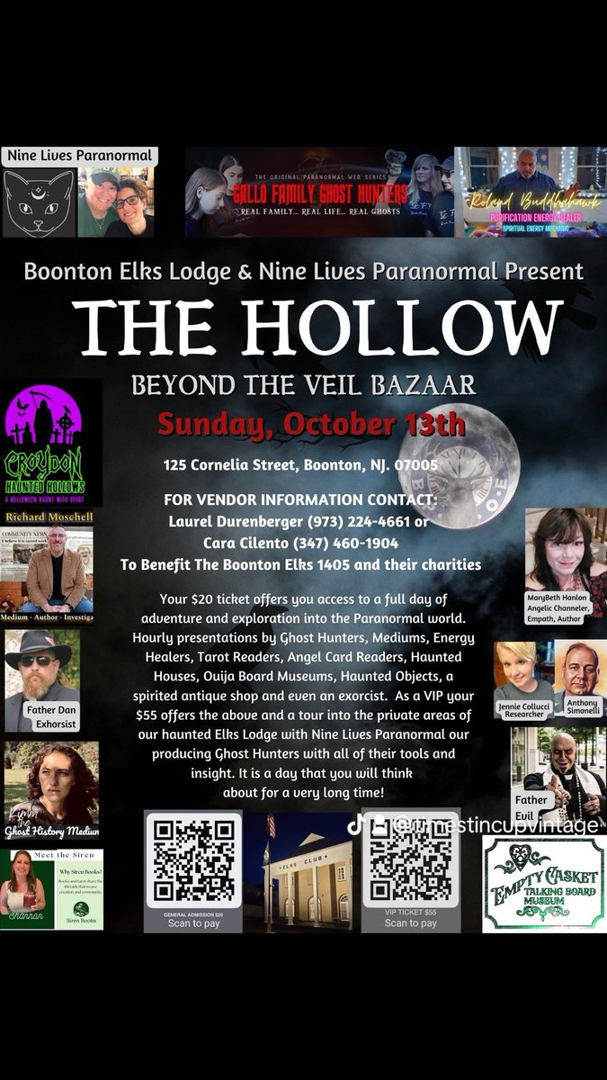 ttcvintage's tweet photo. Join us for a day of Paranormal Exploration as a vendor or as a guest. #paranormal #ghosthunting #hauntedobjects #tarot #angelcards #mediums #occult #ouija #exorcist #hauntedhouse #boontonelks This event supports Boonton Elks and the charities they support! @ninelivesparanormal https://t.co/GFQwC04Ktz