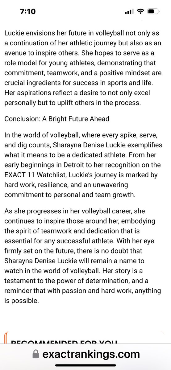 Sharayna Luckie NCAA ID#2307958304 (@luckieshan57458) on Twitter photo Thank you <a href="/EXACTSports/">EXACT Sports</a> for this huge honor and mention.
<a href="/BGSUVolleyball/">BGSU Volleyball</a>
<a href="/OaklandWVB/">Oakland Volleyball</a>
<a href="/EMUVolleyball/">Eastern Michigan Volleyball</a>
<a href="/OcelotAthletics/">Schoolcraft College Athletics</a>
<a href="/PrepDigMI/">Prep Dig Michigan</a>
@InsanityVBUSA
<a href="/Sports_Recruits/">SportsRecruits</a>
<a href="/vbconnection/">Volleyball Connection</a>
<a href="/MacombVB/">Macomb Volleyball</a>
<a href="/SHU_WomensVB/">Siena Heights WVB</a>
<a href="/LuthNorth/">Lutheran North</a> Thank you <a href="/EXACTSports/">EXACT Sports</a> for this huge honor and mention.
<a href="/BGSUVolleyball/">BGSU Volleyball</a>
<a href="/OaklandWVB/">Oakland Volleyball</a>
<a href="/EMUVolleyball/">Eastern Michigan Volleyball</a>
<a href="/OcelotAthletics/">Schoolcraft College Athletics</a>
<a href="/PrepDigMI/">Prep Dig Michigan</a>
@InsanityVBUSA
<a href="/Sports_Recruits/">SportsRecruits</a>
<a href="/vbconnection/">Volleyball Connection</a>
<a href="/MacombVB/">Macomb Volleyball</a>
<a href="/SHU_WomensVB/">Siena Heights WVB</a>
<a href="/LuthNorth/">Lutheran North</a>