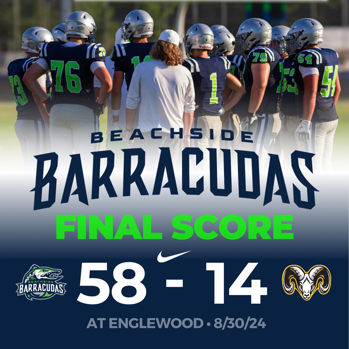 Final Score

The Barracudas take down the Rams 58 - 14 on the road. 

#LetsGetlt #BarracudaNation #BeachsideMade