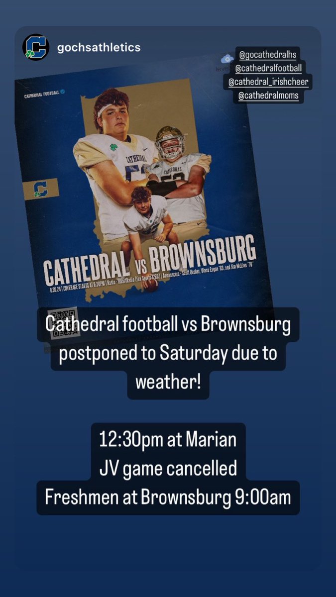 Cathedral football vs Brownsburg
postponed to Saturday due to weather!

12:30pm at Marian
