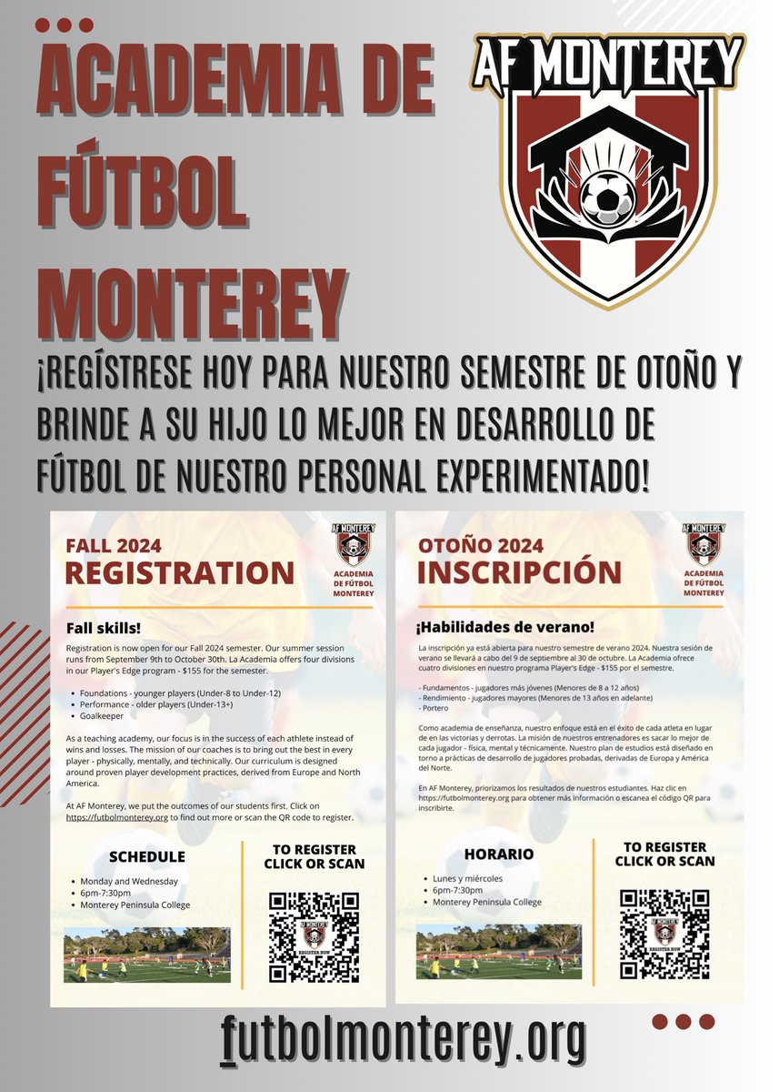 FutbolMonterey's tweet photo. @mpcmenssoccer @MontereyBayFC @alisalfutbol @205_Academy We provide high level soccer development to boys and girls of all ages in the Monterey Bay area! Join us today as we launch our fall semester in a few weeks! https://t.co/FyJk36AwP7