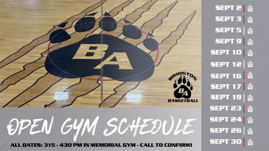 Bridgton Academy Fall Open Gym Schedule 

Contact <a href="/WhitLesure/">Whit Lesure</a> 
(207) 650-5707