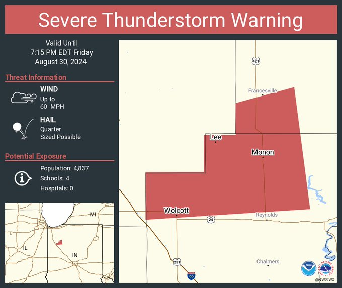 NWSIWX's tweet photo. We are looking for wind speed or damage reports in the area of these warnings. 

Cass and St Joseph MI
Pulaski and White, IN
Elkhart, Lagrange, and Noble, IN

Please let us know the time and location in the comments if you saw damage in these areas. https://t.co/NoLw10Hh7M