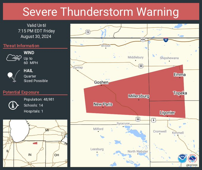 NWSIWX's tweet photo. We are looking for wind speed or damage reports in the area of these warnings. 

Cass and St Joseph MI
Pulaski and White, IN
Elkhart, Lagrange, and Noble, IN

Please let us know the time and location in the comments if you saw damage in these areas. https://t.co/NoLw10Hh7M