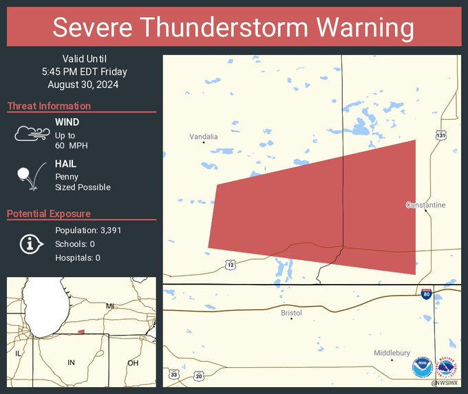 NWSIWX's tweet photo. We are looking for wind speed or damage reports in the area of these warnings. 

Cass and St Joseph MI
Pulaski and White, IN
Elkhart, Lagrange, and Noble, IN

Please let us know the time and location in the comments if you saw damage in these areas. https://t.co/NoLw10Hh7M