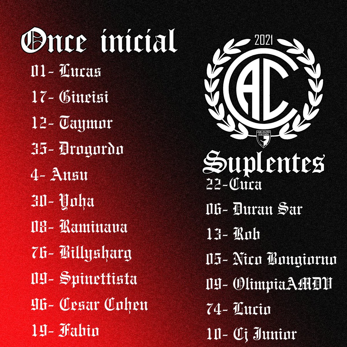 EL ÚLTIMO 11 ❤️🖤

3 cambios respecto al último partido, esperanzas en que sean los necesarios.

¡Vamos muchachos, a darlo todo!
#YoSoySabanero🚩🏴