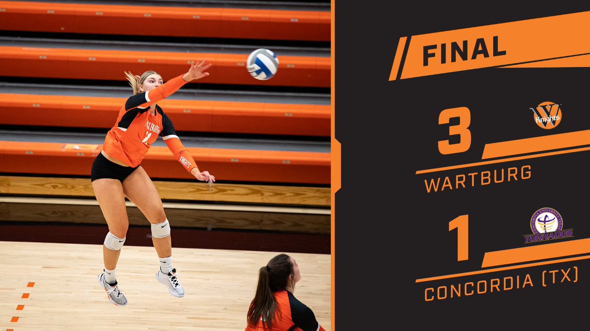 Knights win! 🔥

Wartburg 3, Concordia Texas 1. 

Emerson Kracht: 12 kills, 23 assists, 2 service aces
Anna Sash: 11 kills
Kaylee Anderson &amp; Kaylee Koudelka: 10 kills
Sophie Sedgwick: 20 assists
Peyton Robinson: 18 digs, 2 service aces