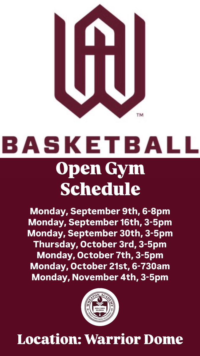 _MikeBrooks12_'s tweet photo. 🚨College Coaches🚨

Wheaton Academy High School Open Gym Schedule. https://t.co/LIDq0w7H1d