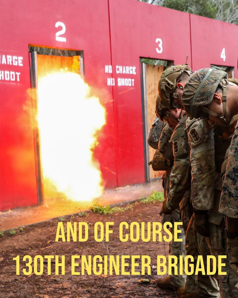 USARPAC's tweet photo. Soldiers from 130th Engineer Brigade, 25th Infantry Division, and Marines from 3rd Sustainment Group (Experimental) conducted breach training at Schofield Barracks, Hawaii. 💥 #sustaintheforce #Explosion #combatengineer #SappersIn https://t.co/ImCsLqrnWK