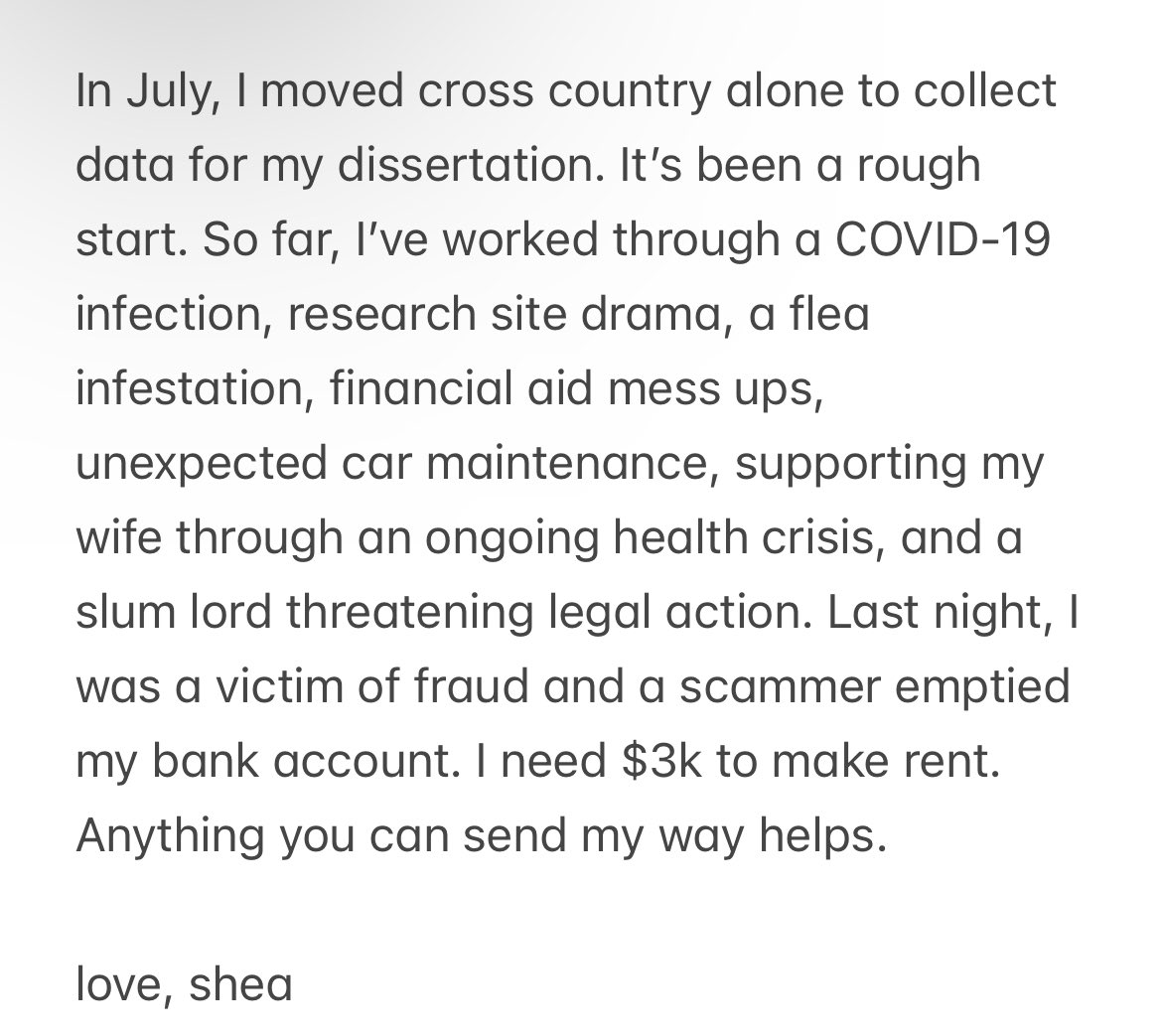 sheathescholar's tweet image. last month, I moved across the country to collect data for my dissertation. it’s been rough. last night, I was a victim of fraud and someone emptied our bank account.

please consider helping and sharing.

Venmo/CashApp: sendtoshea
PayPal: writeshea at gmail 

#MutualAidRequest
