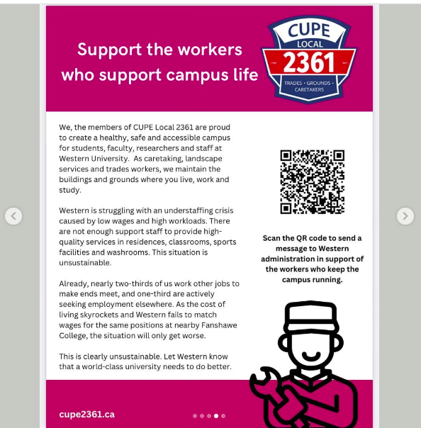 ppl4peacelndont's tweet photo. @WesternU Do #WesternU frosh (&amp; parents dropping them off) know that in addition to road closures, they will be facing pickets of striking @CUPE2361 workers &amp; their supporters, all because @WesternUProvost refuses to pay fair wages for cleaners, groundskeepers &amp; tradespeople? #OWeek2024 https://t.co/Z8Tmwaf4yp