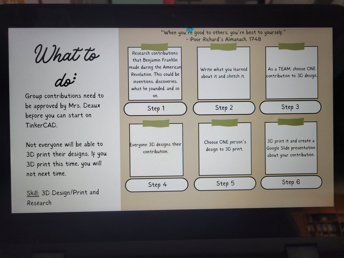 Llama_eLab's tweet image. 2nd-5th grade started their PBLs for the next 6 weeks! We have real estate models, obstacle courses for Finch Bots, Benjamin Franklin contributions, and bridge engineering all in development!
#VWeLabs