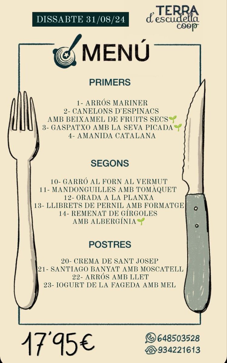 Escudellaires, amb tota la pena del món ens acomiadem amb aquest fantàstic menú.
Moltes gràcies per totes les mostres de suport que hem rebut aquests dies. Sou fantàstiques i us estimem molt.
Bon profit!
<a href="/DO_sants/">D.O. Sants</a> <a href="/MensakasApp/">Mensakas</a>