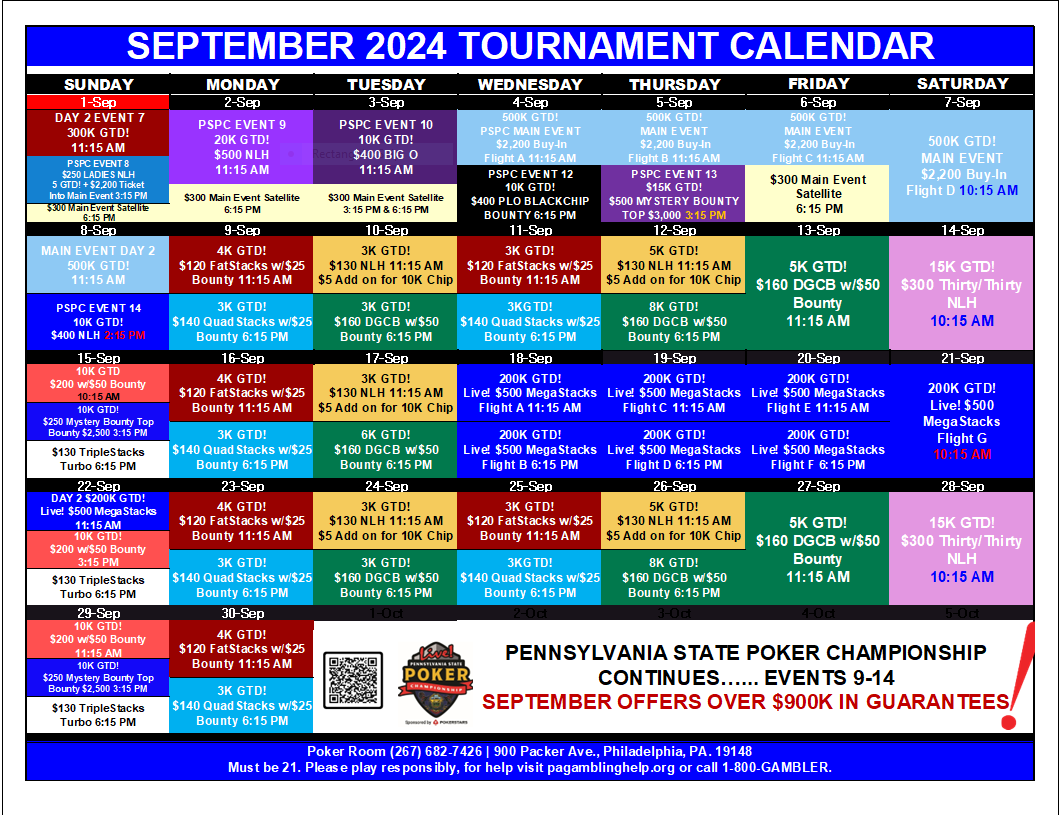 LivePoker_PHL's tweet photo. Follow the action in September @LivePoker_PHL! With over $900k in tournament guarantees and $1,000 high hands every weekend, its time to go all-in. π°πDon't miss out on the fun!ππΈπ#1kHighHands #CashDrawings #LiveMegaStacks
Gambling Problem? Call 1-800-GAMBLER. https://t.co/jzqTAzv00Y