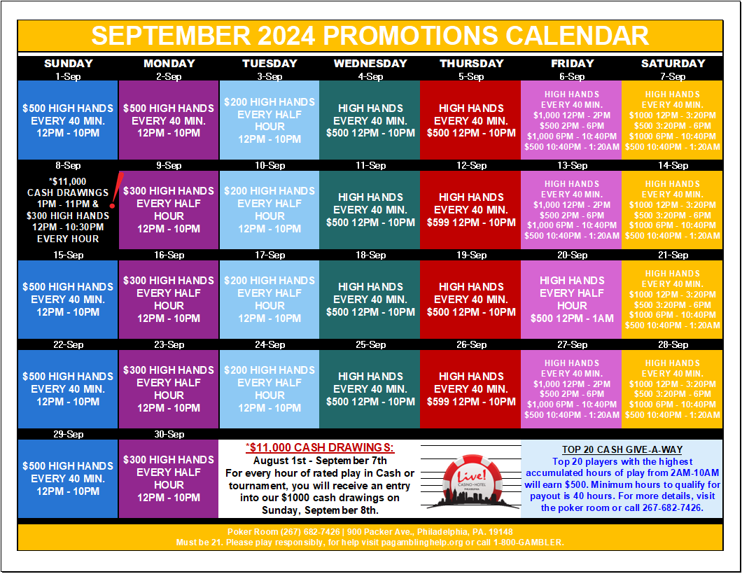 LivePoker_PHL's tweet photo. Follow the action in September @LivePoker_PHL! With over $900k in tournament guarantees and $1,000 high hands every weekend, its time to go all-in. π°πDon't miss out on the fun!ππΈπ#1kHighHands #CashDrawings #LiveMegaStacks
Gambling Problem? Call 1-800-GAMBLER. https://t.co/jzqTAzv00Y