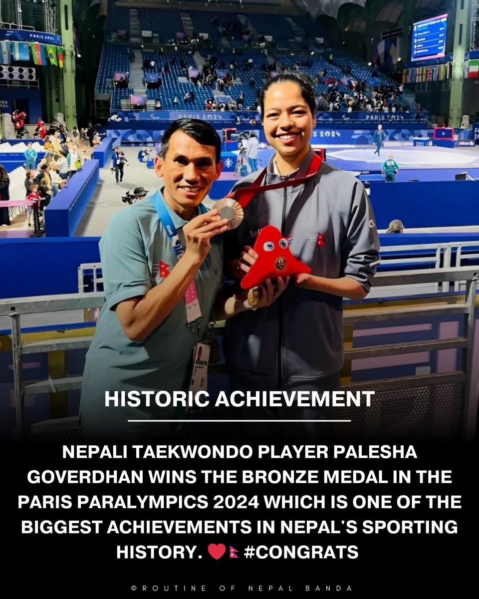 Historic Achievement: Nepali Taekwondo player Palesha Goverdhan wins the Bronze Medal in the Paris Paralympics 2024 which is one of the biggest achievements in Nepal's sporting history. ❤️🇳🇵#Congrats 

Pic. Coach Kabiraj Negi Lama