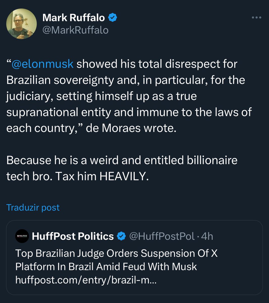 Mark Ruffalo sobre Zé do Foguete: “Porque ele é um bilionário esquisito e arrogante da tecnologia. Taxem-no PESADAMENTE.”

Até o Hulk tá do nosso lado 😎.