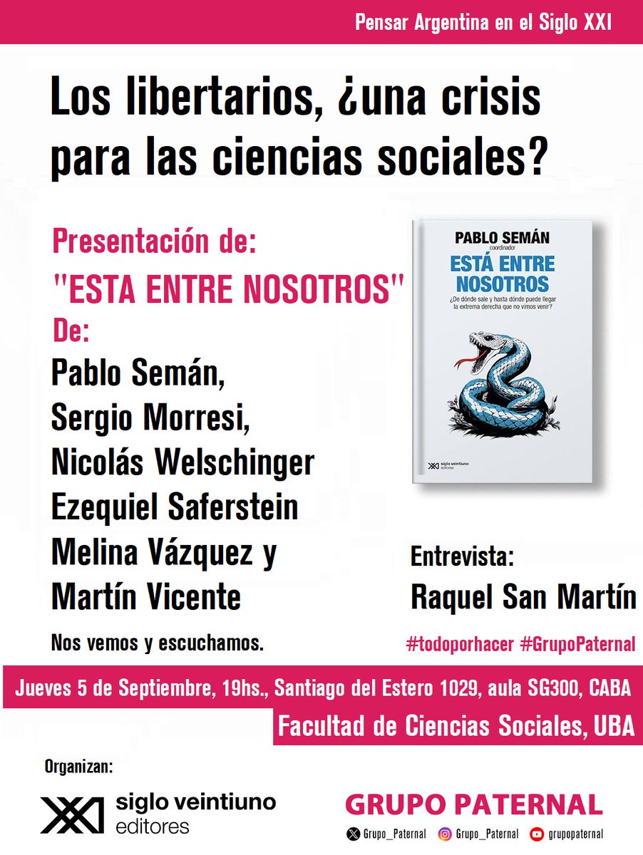 Sergio Morresi (@sdmorresi) on Twitter photo Próximo jueves en <a href="/ubasociales/">UBA Sociales | #FSOC #UBA</a>, <a href="/Grupo_Paternal/">Grupo_Paternal</a> nos invitó a retomar el "viborita tour" en Buenos Aires. Además de Pablo Semán, <a href="/NicoWelschinger/">Nicolás Welschinger</a>, <a href="/kielosafers/">Ezequiel Saferstein</a>, <a href="/vazquez_melina/">Melina Vazquez</a> y <a href="/vic_marale/">Martín Alejandro Vicente</a>, va a estar <a href="/rachelsanmartin/">Raquel San Martín</a>. Próximo jueves en <a href="/ubasociales/">UBA Sociales | #FSOC #UBA</a>, <a href="/Grupo_Paternal/">Grupo_Paternal</a> nos invitó a retomar el "viborita tour" en Buenos Aires. Además de Pablo Semán, <a href="/NicoWelschinger/">Nicolás Welschinger</a>, <a href="/kielosafers/">Ezequiel Saferstein</a>, <a href="/vazquez_melina/">Melina Vazquez</a> y <a href="/vic_marale/">Martín Alejandro Vicente</a>, va a estar <a href="/rachelsanmartin/">Raquel San Martín</a>.