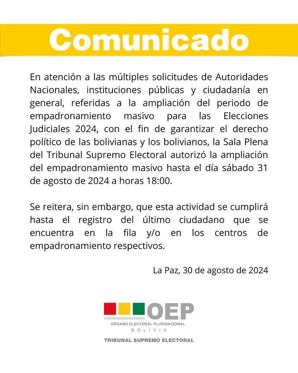 #deÚltimo
Debido a las extensas filas de ciudadanos en los puntos de empadronamiento en todo el país y al pedido de autoridades es que el Tribunal Supremo Electoral #TSE decidió #ampliar el plazo del #empadronamiento #masivo hasta las 18:00 horas del sábado 31 de agosto.