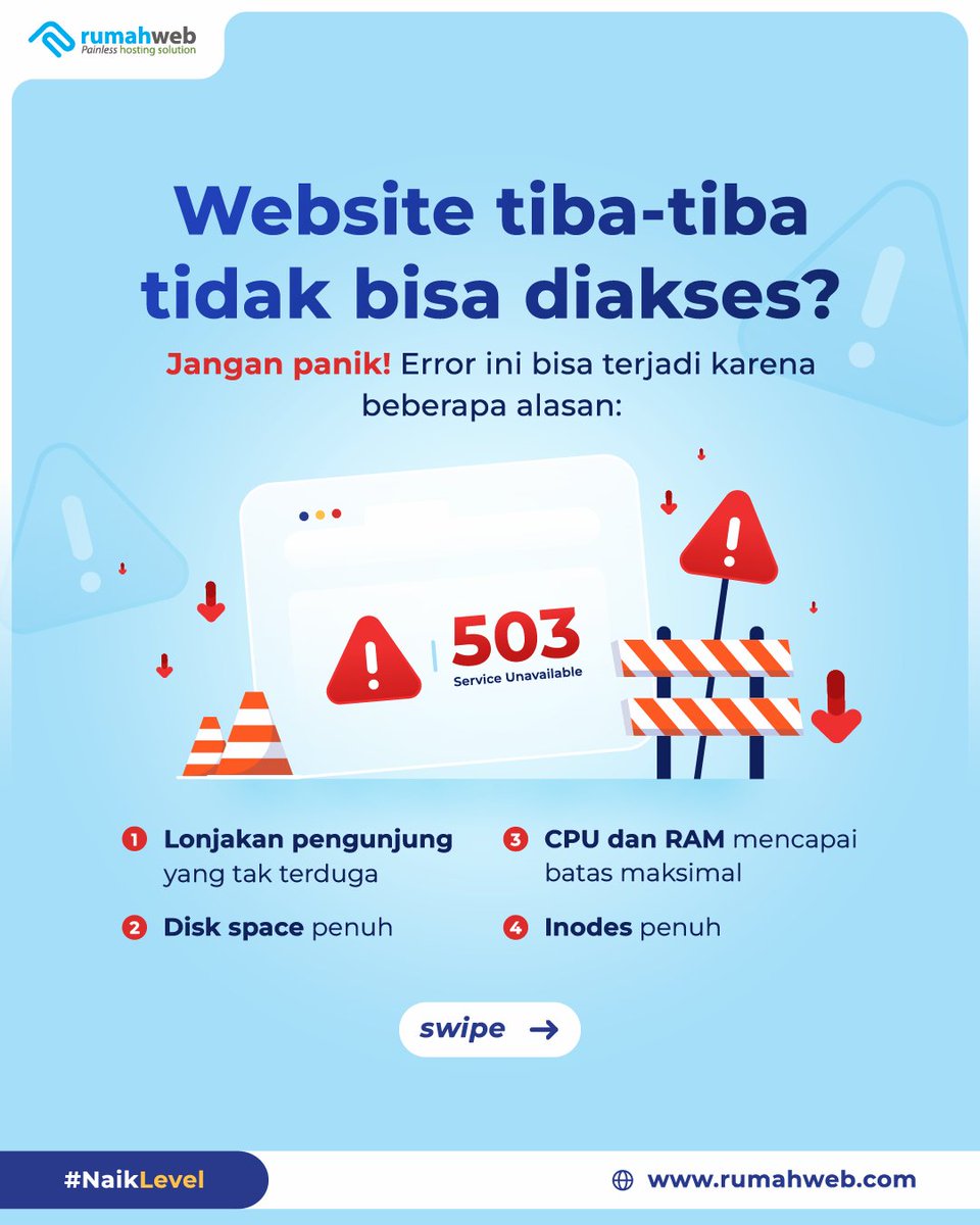 rumahwebtweet's tweet image. Terkadang website tiba-tiba tidak bisa diakses dan muncul error 503. Ini bisa disebabkan oleh lonjakan pengunjung, inodes penuh, atau CPU dan RAM yang sudah maksimal, bukan hanya karena masalah server.  

#TipsWebsite #HostingIndonesia #CloudHosting #Rumahweb #NaikLevel