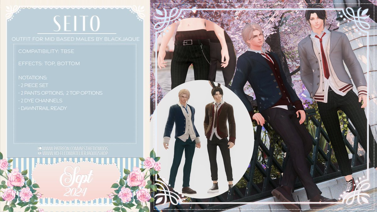 ffxiv_jaque's tweet photo. #aestheticmods #atelierjaque

Here are my upcoming release previews. Previews have such limited real estate, so to clarify, each outfit has 2 types of tops and 2 types of bottoms for mix and match. The female hair has 2 types included in 1 pack.

Additional hair angles included in the replies!