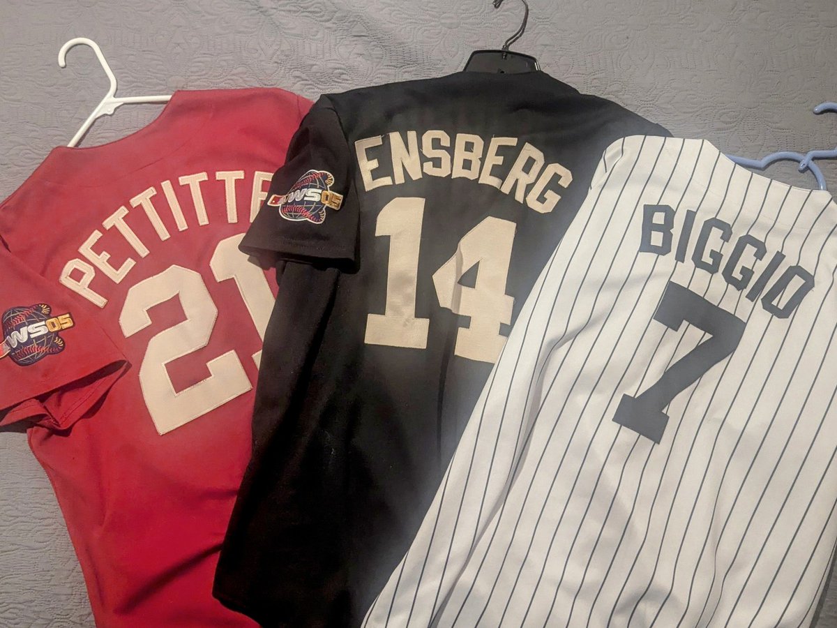 Bukowsky's tweet image. Going to #Astros game on Sunday.

My daughter (13) always steals my Biggio jersey. (And yes, she looks better in it than I do.)

Tonight I gave her options.

She wanted that @MorganEnsberg jersey, but said no b/c her shorts to match that jersey weren't clean.

#wut. #DadLife.