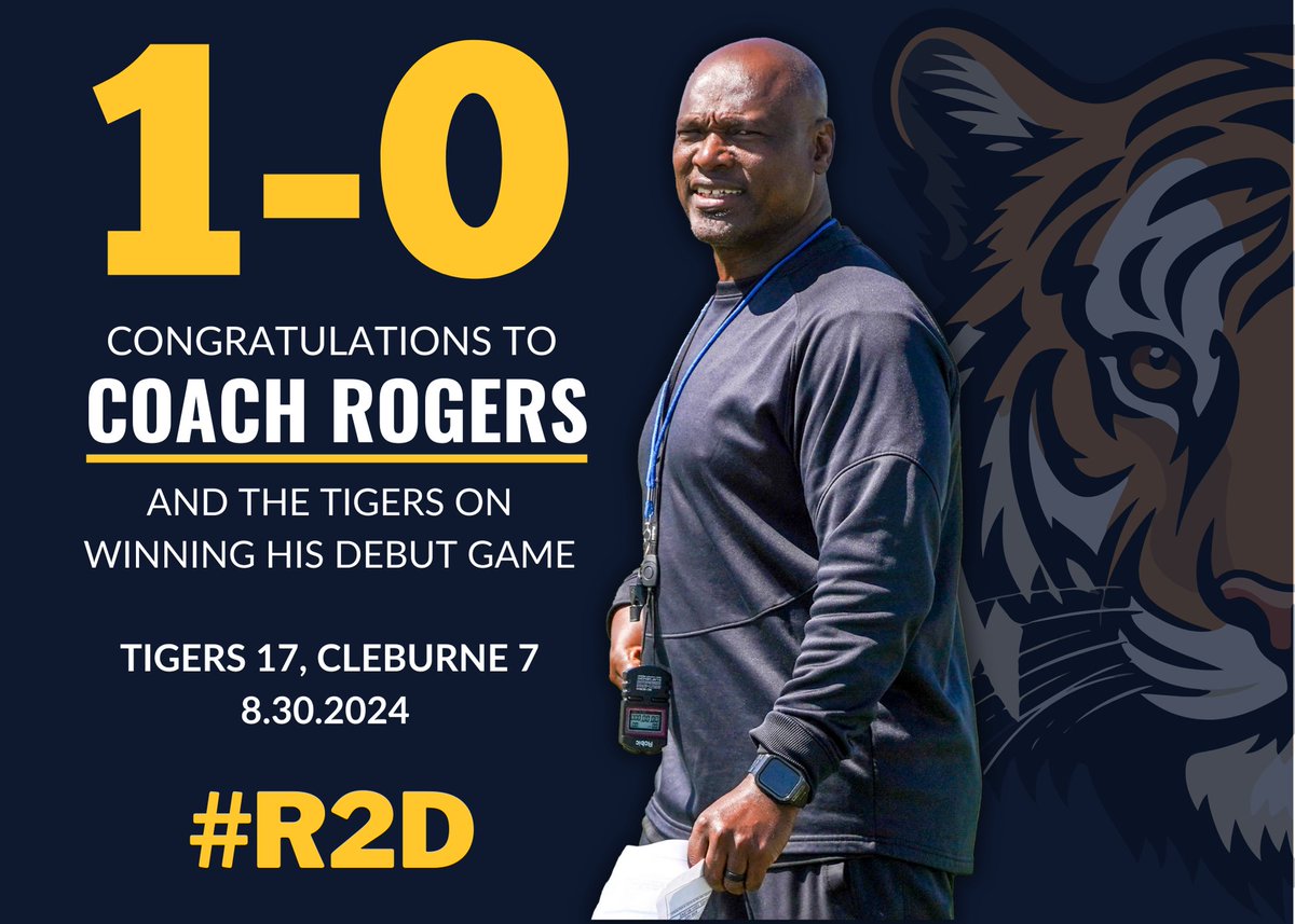 CorsicanaISD's tweet photo. Congratulations to Head Football Coach Eugene Rogers on his debut game win in the Tigers’ 17-7 win over Cleburne! #R2D #DBD https://t.co/KFqdY0Ra0m