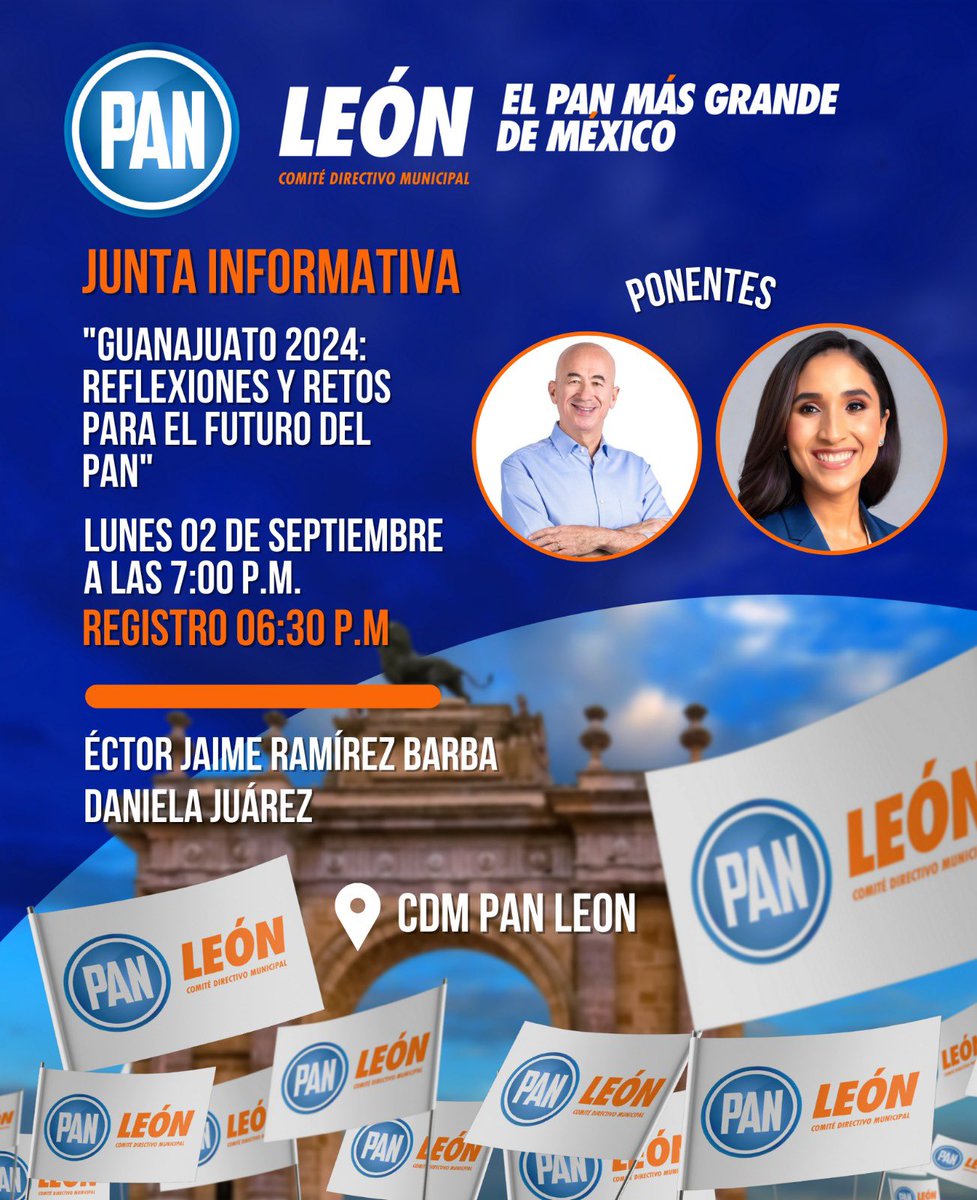 🔵Amigas y amigos militantes y simpatizantes PANistas, los esperamos este lunes 02 de septiembre en nuestra tradicional Junta Informativa, desde el Comité Directivo Municipal del PAN León 💙🤍. 

¡No faltes! 🫶

#ElPANMásGrandeDeMéxico🍞💙