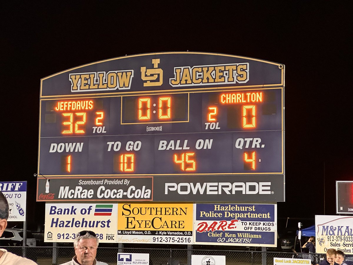 Jeff Davis: 32 Charlton: 0

Jackets move to 3-0. Finally find their first shutout of the season. Offense finds the end zone 3 times. Kicker Fabian Valdelamar goes 3-3 on FGs.
<a href="/GPBsports/">GPB Sports</a> <a href="/OSGNelson/">#CuteSportsGuy</a> <a href="/AmyZimmerWJCL/">Amy Zimmer</a> <a href="/RecruitGeorgia/">Recruit Georgia</a> <a href="/SoGaFootball/">The Chick-fil-A Football Friday Night Radio Show</a> <a href="/912Sports/">912 Sports</a>