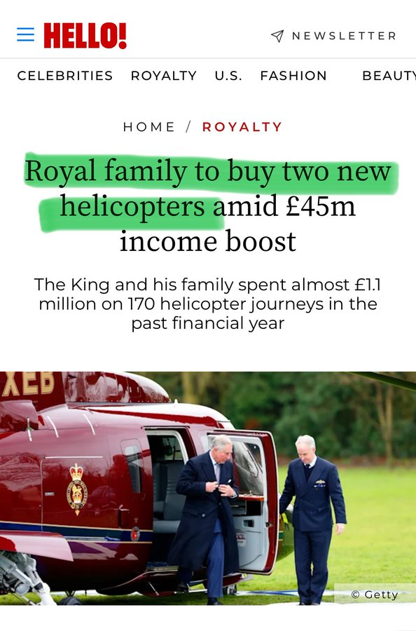 NoKingCharlie's tweet photo. Remember when "Two Jags Prescott" was a figure of fun to the tabloids?
Why is "Two Choppers Charlie" not headline news?

 #NoKingCharlie #NotMyKing #KingCharles #NotMyGreedyKing #RoyalFamily
