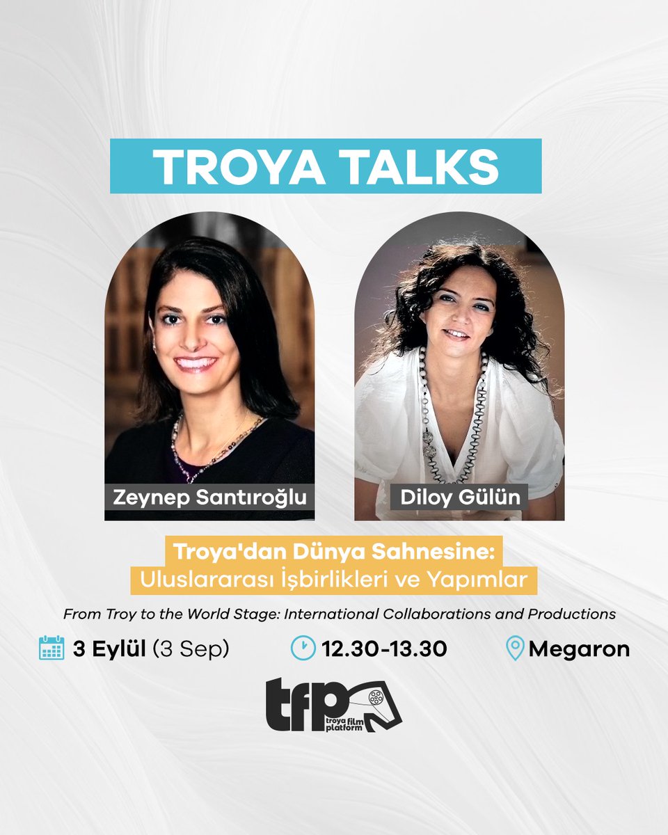 "Troya'dan Dünya Sahnesine Uluslararası İşbirlikleri ve Yapımlar" Az Celtic Film Zeynep Santıroğlu ve Karma Films Diloy Gülün'ün katılımıyla gerçekleşecek. 

🗓 Tarih: 3 Eylül 
⏰ Saat: 12.30-13.30 
📍 Mekan: Megaron 

#TroyaTalks #TFP2024 #TroyaFilmPlatform