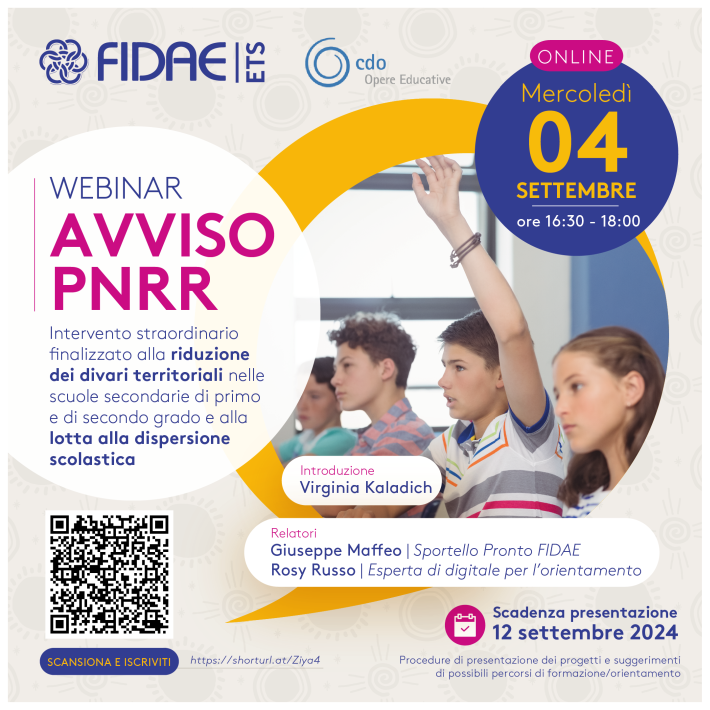 ⏰Mercoledì #4settembre alle ore 16,30 un nuovo webinar dedicato all'AVVISO PNRR, un intervento straordinario per la riduzione dei #divari territoriali e per la lotta alla #dispersione scolastica

✅In locandina il QR code per l'iscrizione⬇