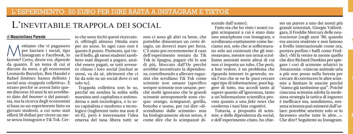 Massimiliano Parente (@parentetweet) on Twitter photo Se vi pagassero rinuncereste ai social? I social sono una trappola? Il mio commento riguardo a uno studio, con la preziosa opinione di <a href="/gVallortigara/">Giorgio Vallortigara</a>, oggi sul Giornale, per tutti noi scimmie con gli smarthphone: ilgiornale.it/autore/massimi… Se vi pagassero rinuncereste ai social? I social sono una trappola? Il mio commento riguardo a uno studio, con la preziosa opinione di <a href="/gVallortigara/">Giorgio Vallortigara</a>, oggi sul Giornale, per tutti noi scimmie con gli smarthphone: ilgiornale.it/autore/massimi…