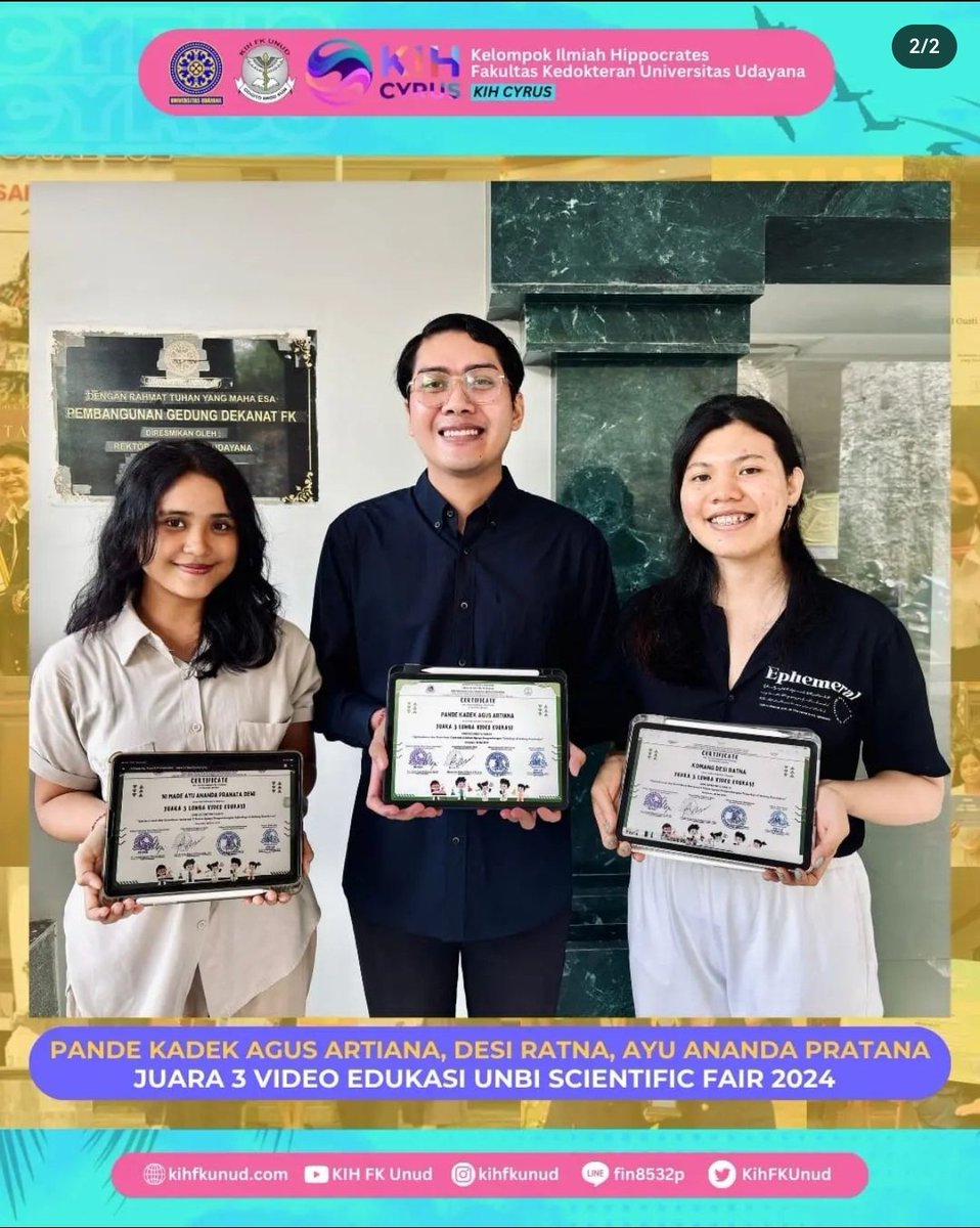 🏆[KIH BANGGA]🏆

KIH FK Unud mengucapkan selamat atas prestasi yang telah diraih oleh: 

Pande Kadek Agus Artiana (AI 19), Komang Desi Ratna (AI 19), Ni Made Ayu Ananda Pratana Dewi (AI 18)
🎖Juara 3 Video Edukasi Unbi Scientific Fair 2024

#KIHCYRUS
#KIHFKUNUD
#COGITOERGOSUM