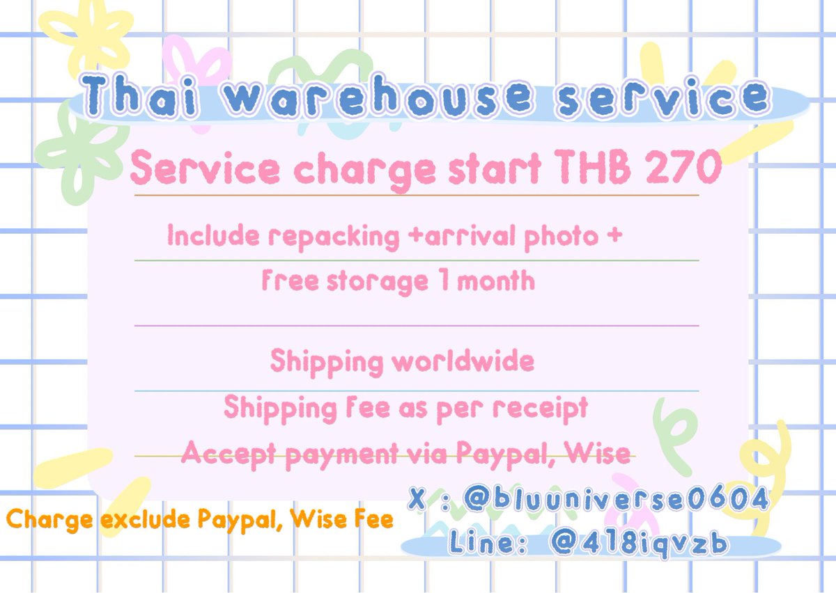 Bluunivers0604's tweet photo. Thai warehouse service
- accept payment via Paypal, Wise, alipay
- shopping online service
- Free photo update, Free box
- more detail as below
- contact via DM or line https://t.co/YosRTL6N57
#Thaiwarehouse #Thaiservice #Thaiaddress #Thaiproxy https://t.co/tBGl1ewanN