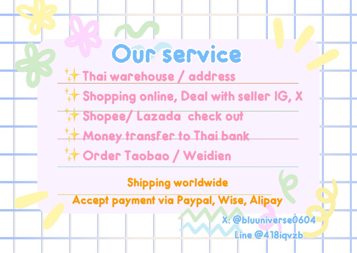 Bluunivers0604's tweet photo. Thai warehouse service
- accept payment via Paypal, Wise, alipay
- shopping online service
- Free photo update, Free box
- more detail as below
- contact via DM or line https://t.co/YosRTL6N57
#Thaiwarehouse #Thaiservice #Thaiaddress #Thaiproxy https://t.co/tBGl1ewanN