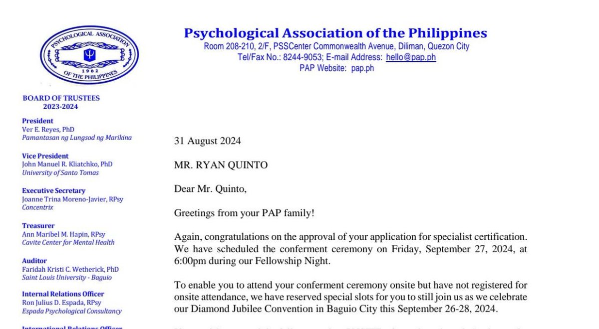 PAP Certified Specialist in Industrial and Organizational Psychology (CSIOP). Conferment ceremony on Sep 27 in Baguio City to be followed by oathtaking in Manila (PICC) on Sep 30. Thank you, PAP for believing in me! 🔱✨

#Psychologist #Psychometrician #RPmTwt