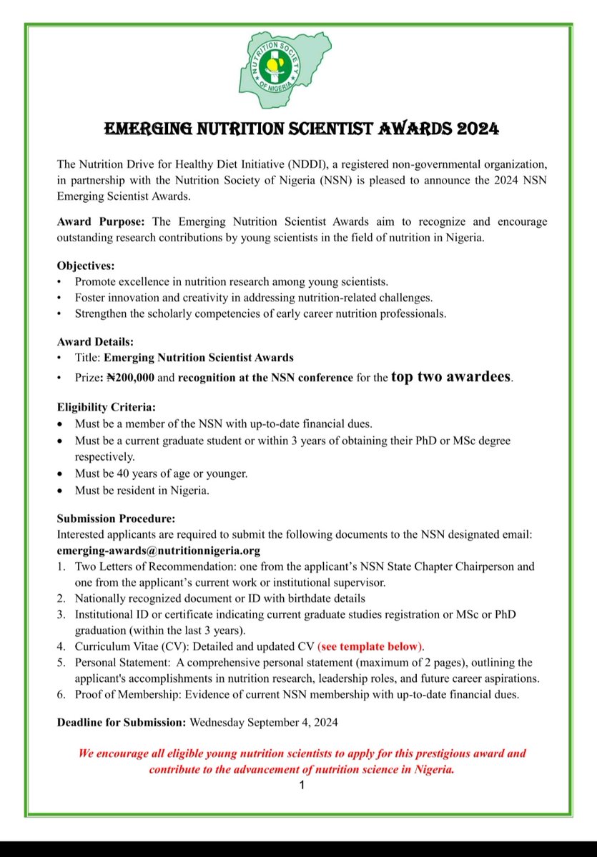 NDDI_Africa's tweet photo. The Emerging Nutrition Scientist Award 2024 is now open! 🚨
Calling all emerging nutrition scientists in Nigeria! Showcase your research and innovation for a chance to win this prestigious award. 🏆
Apply !!!

#Nutrition #Science #Awards #Research #NDDI #NutritionSocietyOfNigeria https://t.co/AVvdefuBkD
