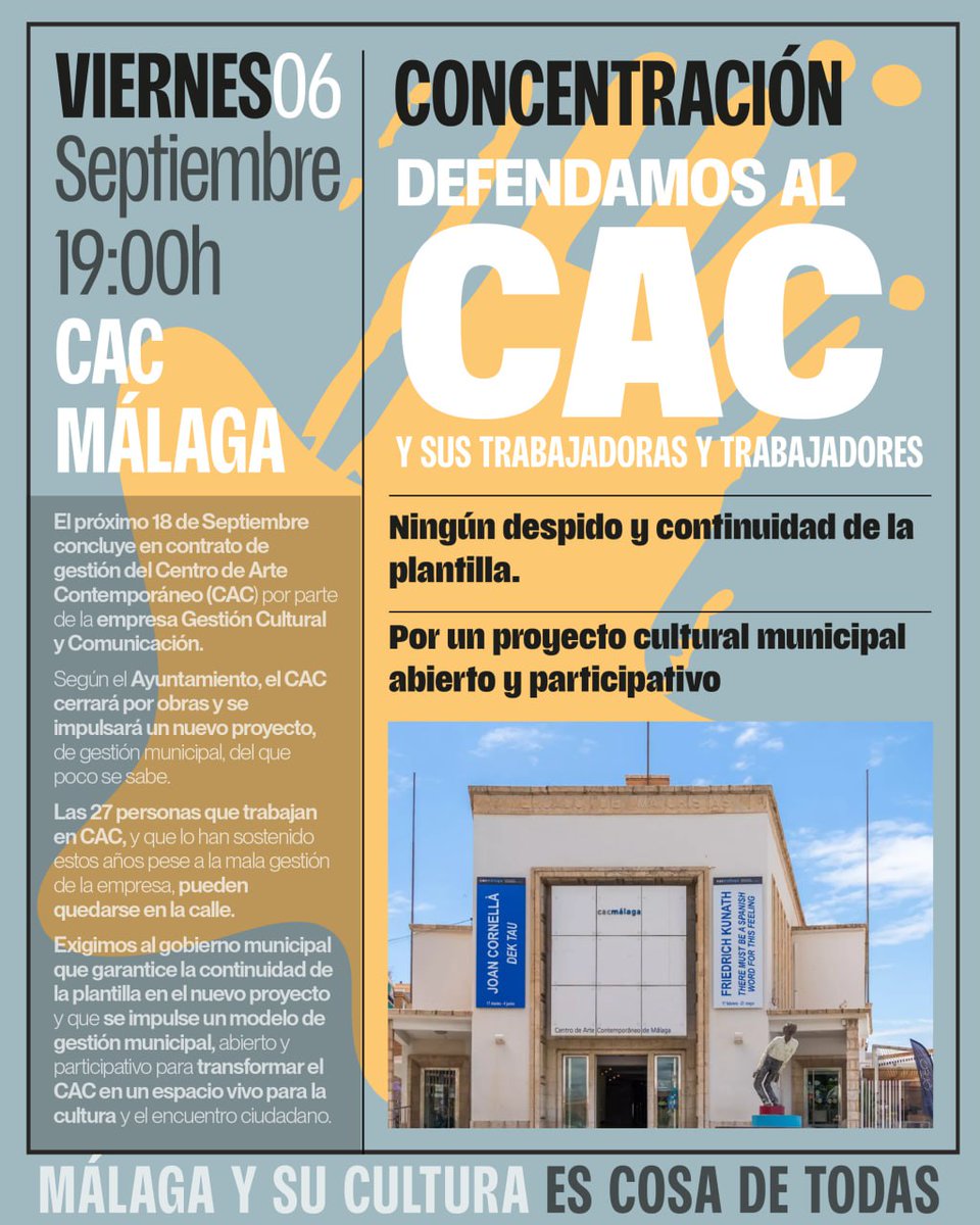 El Ayto de #Málaga va a cerrar el CAC y pretende dejar a toda la plantilla en la calle.

Los y las trabajadoras han sostenido un equipamiento municipal pese a la desastrosa gestión privada amparada por el PP.

El 6S se concentran y tenemos que apoyarlos.

malagahoy.es/ocio/trabajado…